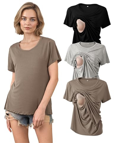 SUNNYBUY Amnings-t-tröjor set med 3 – amningsskjorta kortärmad för kvinnor – bekväma mammakläder för graviditet och amning | Ser ut som en normal t-shirt, diskret amning, graviditet och amning
