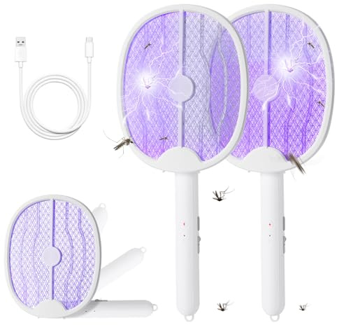 Kssvzz 2 Unidades Raqueta Mosquitos Electrica, Matamoscas eléctrico Plegable, USB-C Recargable, Práctico para Uso en Interiores y Exteriores