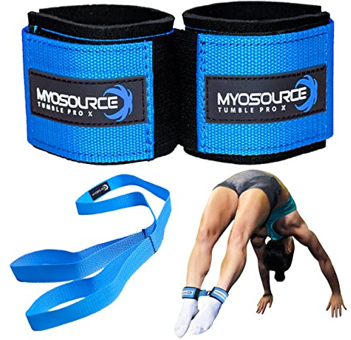 Myosource Kinetic Bands Tumble Pro X Ankle Straps Kit – Cheerleading Standing Tumbling Equipment, Gymnastics Backhandspring Trainer – Includes Flexibility Stunt Stretch Strap – Blue
