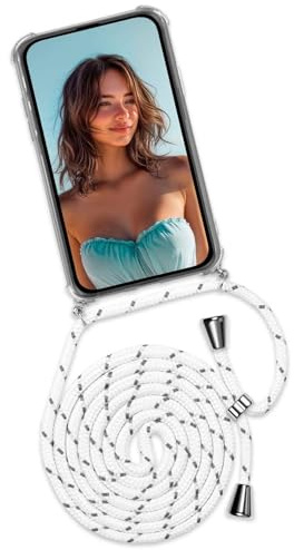 ONEFLOW Handykette für Samsung Galaxy A21s Hülle mit Band, Handyhülle mit Kette abnehmbar, Handyband zum Umhängen, Handy Umhängeband Lange Handykordel, Twist Case – Weiß Silber