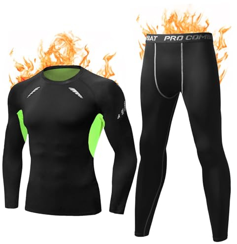 TereceyIntimo Termico Invernale Traspirante, Biancheria Termica Set Asciugatura Rapida, Completo Felpata Uomo, Compressione Uomo per Sci Corsa - Verde