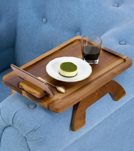 BLUEWEST Sofa Armrest Tray,15.4''x9.8'' Acacia Wood Couch Arm Clip on Tray Table with 360° Rotating Phone Holder –Fits Most Couch Arm Sizes–Non-Slip, Arm Table for TV Dinners, Remote, Drinks & Snacks