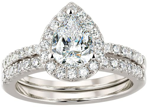 SweetJew Pear Shaped Elegant Womens Wedding Rings Bridal Set 18K White Gold Plated Silver AAAAA CZ Size O