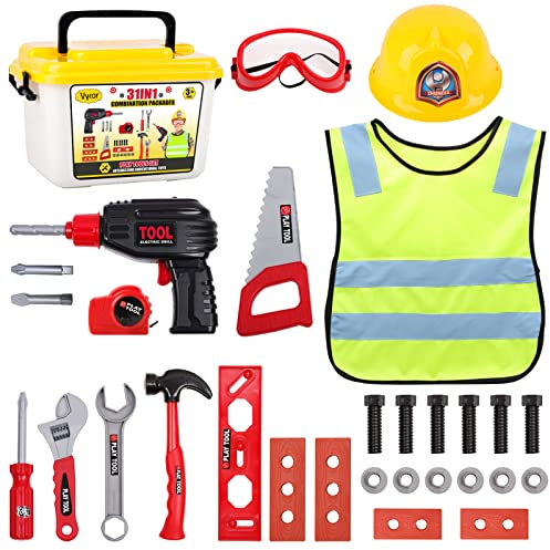 Vykor 35 Pieces Kids tool set，Tools Toys With kids tool box，Electric Toy Drill，Screwdriver Nuts，Construction Tool Box Kit For Boys Toys Ages 3+ Years Old