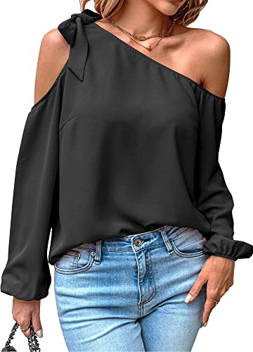 Toplop Blusa para mujer de manga larga con hombros descubiertos: Parte superior elegante y festiva, sexy, para otoño y primavera, casual, túnica, blusa carmen con volantes, cuello redondo, B-negro., L