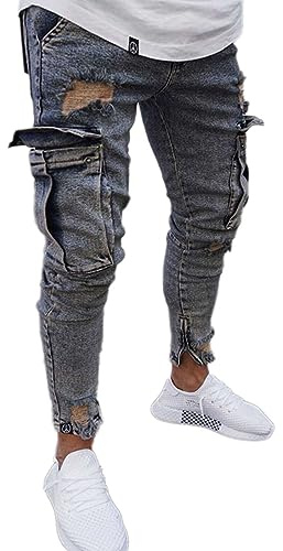 Osheoiso Vaqueros Rasgados de Hombre Skinny Denim Jeans Vintage Pantalone con Cremallera Moda Casuales Elasticos Agujero Pantalón Largo Vaqueros Ajustados J Gris S