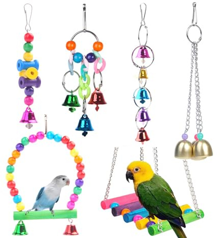 QeeHeng 6 Stück Papageien-Spielzeug: Holzbrücke, Ständer, Hängende Glocke für Wellensittiche, Kleine Sittiche, Nymphensittiche, Aras und Liebesvögel