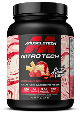 MuscleTech NitroTech Whey Protein Pulver, Whey Isolate Proteinpulver Mit 3g Kreatine, Proteinpulver für Männer Und Frauen, 7.3g BCAA, 20 Portionen, 908g, Weiße-Schokolade-Himbeerkuchen