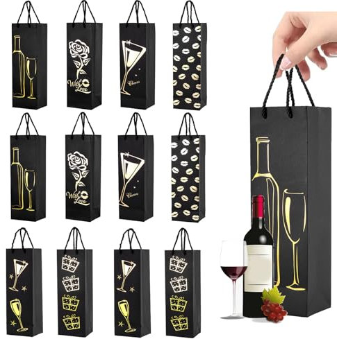 12 Stück Geschenktüten, Flaschentasche Aus Verdicktem Kraftpapier mit Satiniertem Drehseilgriff, Flaschenträger In 6 Designs, Champagner und Weinflaschenverpackung, für Geburtstage Zeremonien