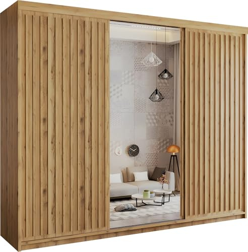SLIDING WARDROBE 4U Modern Burg Free Standing Large Sliding Wardrobe For Bedroom in 150cm,203cm & 250cm with White,Black,Grey & Oak Colors (OAK, 250cm)