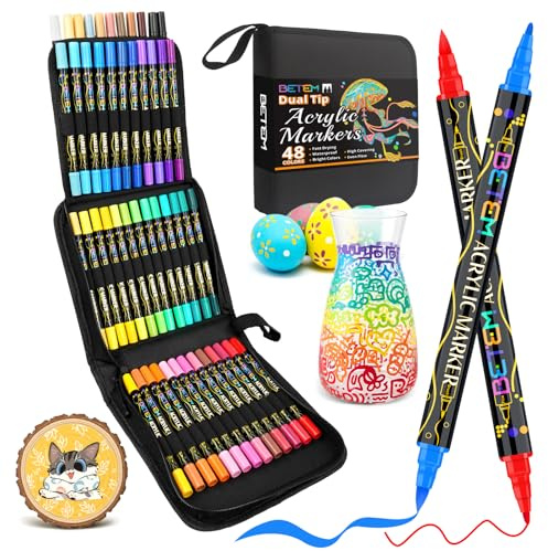 Betem Paint Markers Acrylic Paint Pens, Dual Tip 48 Colors Acrylic Markers with Brush Tip and Fine Point, Art Supplies for Wood, Canvas, Stone, Glass, Rock Painting Kit DIY Crafts Drawing Kit with Bag
