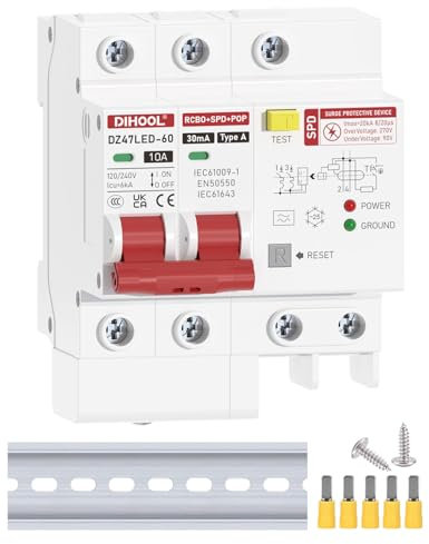 DIHOOL blitzschutz Typ A fi schalter 2 polig 10a 30ma 120/240V mit surge protector Überstromschutz hutschiene