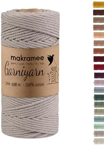 GARNIYARN Premium makramégarn 3 mm – mjukt bomullsrep för makramé,vägghängningar, växthängare och hemtillbehör – 100% bomull (Simply Taupe, 100m)