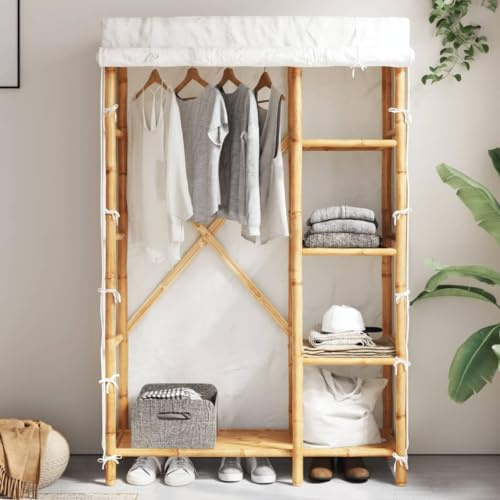 Homgoday Guardaroba 110 x 45 x 170 cm, in bambù, organizer per guardaroba con scomparto con binario di sospensione e ripiani laterali, armadio portaoggetti per abbigliamento, camera da letto, cabina