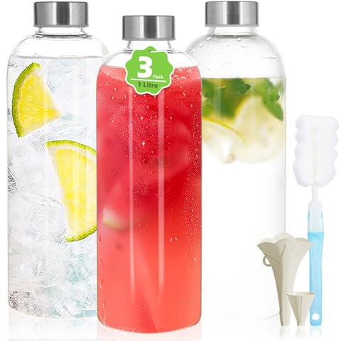BBWELL Lot de 3 Bouteille Verre 1L - Bouteille en Verre 1 Litre avec Couvercles Hermétiques et Brosse de Nettoyage -Gourde Verre Étanche pour Jus,Boissons,Smoothie,Café,Étanche,Transparent