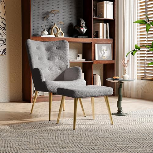 KeepGoon Fauteuil de Chambre à Coucher, Fauteuil scandinave avec Repose-Pieds, Chaise de Salon Confortable en Tissu Peluche avec Pieds en métal doré, Fauteuil de Salon (Gris foncé)