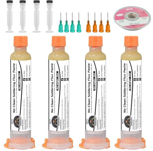 WAN2TLK Solder Flux Kit, 4pcs Soldering Flux with 8 Needles, 4 Pushers, Desoldering Wick - 40 g No Clean Flux Soldering Paste for BGA/IC/CPU/PCB/SMD Repair and DIY Projects