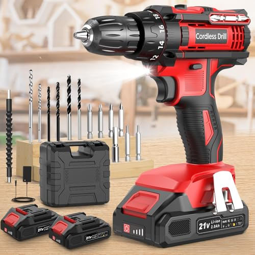 Cordless Drill, Power Drill 21V, Electric Drill Set 42N.m with 2 Batteries 2.0Ah, 10mm Chuck, 2 Speeds, 18+1 Torque, LED Light, 14pcs Drill Set for Garden DIY Project, Red