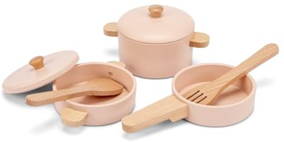 Woet – Wooden Pots and Pans Set for Toddlers Age 24 Months+ – 7-Piece FSC Pink Cooking Pan Set – Pretend Kitchen Accessories – Role Play Cookware & Chef Toy – Gift for Kids