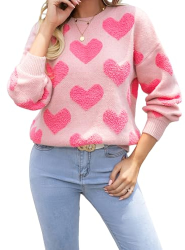 Cusghjbsg Women's Valentine's Day Sweater Loose Heart Pattern Long Sleeve Round Neck Knitwear Warm Fall Winter Knit Pullover Tops (Pink A, M)