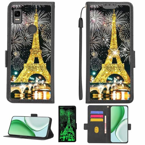 Aroepurt fodral kompatibelt med Cricket Dawson telefonfodral flipskydd [med skärmskydd i härdat glas] [RFID-blockering] [Guldglitter + lysande] LPT-TT