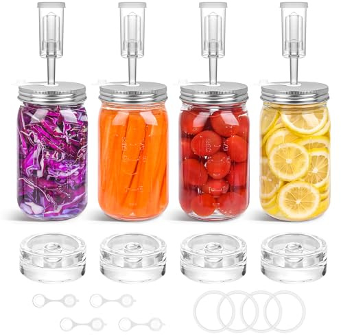 32 oz Mason Jar Fermentation Kit 4 Pack(Jar Included),Sauerkraut/Pickling Kit with 4 Pack Fermenting Jars, Glass Fermentation Weights,Fermentation Lids,Airlocks,Silicone Gaskets and Silicone Grommets