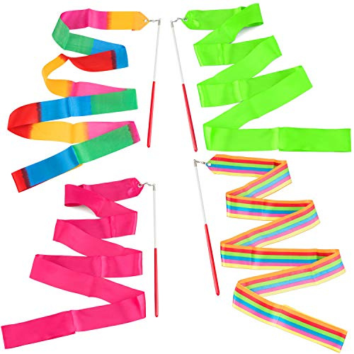 4 Pack 2-Meter Dance Ribbons, Rainbow Streamers Rhythmic Gymnastics Ribbon, Baton Twirling Wands on Sticks for Artistic Dancing