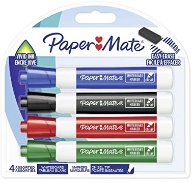 Paper Mate Low Odour Whiteboard Markers, Chisel Tip, Assorted Ink Colours, 4 Count