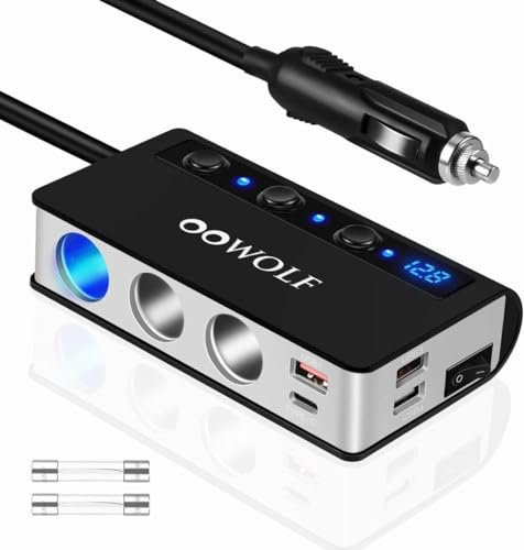 OOWOLF QC 3.0 Adaptador De Encendedor De Cigarrillos, 180W DC 12V/24V Adaptador de Mechero con 3 Puertos USB, 1 Puerto Tipo C, Cargador De Coche para GPS, Dash CAM, Sat Nav