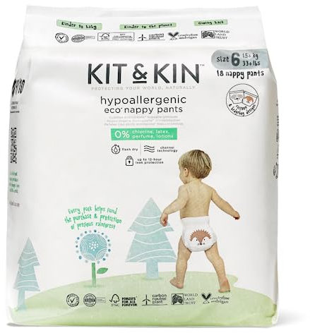 Kit & Kin Premium Eco Nappy Pants Size 6 | 15+ kg / 33+ lbs | Maxi Pull Ups | 6 Packs / 108 Pants | Hypoallergenic & Sustainable | Vegan & Chlorine-Free | Superior up to 12 Hour Leak Protection
