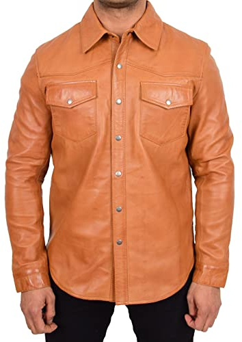 Camisa occidental de cuero real para hombre Cognac auténtica chaqueta de camionero de moda americana Brett, coñac, L