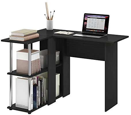 Furinno L-Shape Desk with Bookshelf, Engineered Wood, Americano/Chrome, 104.5 (W) x 73.51 (H) x 87.5 (D) cm