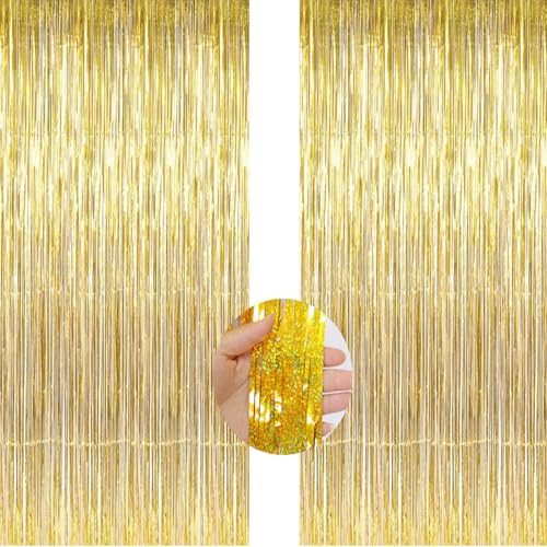 AILEXI 2 confezioni 1M*2M tende frangia tenda luccicante decorazione della per compleanno forniture festa nozze - Oro