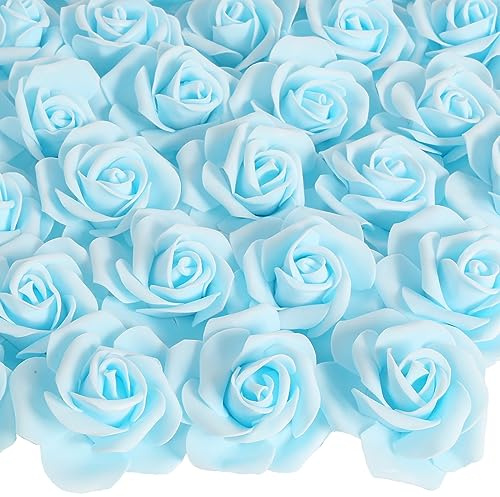 INSUNSIX 100PCS Baby Blue Foam Roses Artificial Flowers Blue Foam Flowers Bulk Stemless Fake Roses for DIY Wedding Centerpieces Arrangements Party Baby Shower Home Decor(Baby Blue)