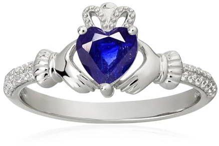 Heart Birthstone Claddagh Ring 925 Sterling Silver Elegant 6MM Created Sapphire Rings Irish Jewelry Good Luck Gift for Women Size 7