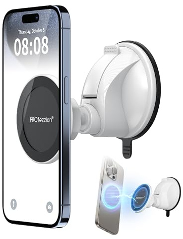 PROfezzion Support de Téléphone Magnétique à Ventouse Rotatif pour Miroir, Salle de Bain, Douche, Verre, Carrelage, Maquillage, Gym, Longue durée pour iPhone 17 16 15 14 13 12 et Plus, Blanc