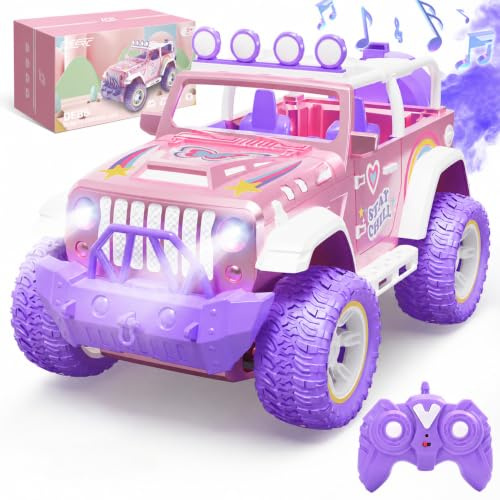 DEERC Rosa fjärrstyrd bil för flickor med dimma och musik, 1:16 RC bil med LED-lampor för barn, terrängfordon, stadsjeepar, lastbilar, stadsjeepar leksaksbil, flickor leksaker DE86-PI-DE4