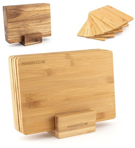 Hanseküche Lot de 5 planches à découper - Planche à découper de qualité supérieure - En bois de cuisine - Grande planche à découper avec rainure à jus - Planche de cuisine massive (bambou)