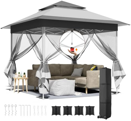 Carpa Plegable 3,3 x 3,3 m con 4 Paneles Laterales de mosquitera, One Push Carpas para Exteriores, Cenador Pabellón de Jardín con 4 PCS Sacos de Arena, Camping/Mercado/Fiestas/Playa, Gris