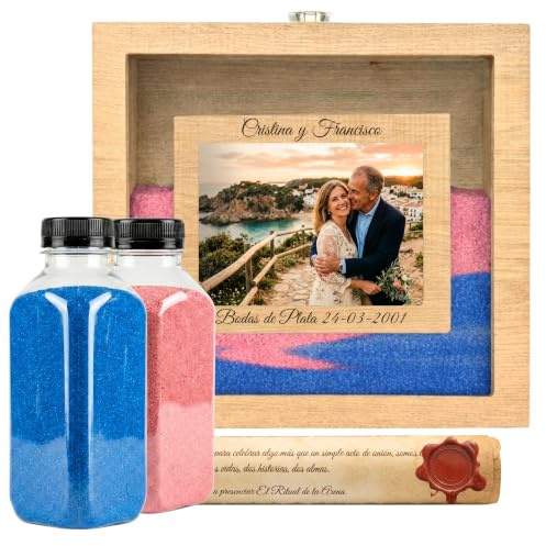 NIRALIS Pack Ceremonia Arena Bodas Personalizado Madera Roble | Arenas de Colores 2 botes de 800g | Portafoto 10x15cm | Personalizable con Fecha y Nombres Novios (Roble, Arenas Azul Y Rosa)