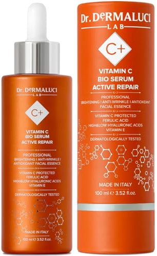 Sérum Visage Vitamine C 100ML BIO | Anti-rides, Anti-taches, Éclat, Hydratant | Acide Hyaluronique & Acide Ferulique | Avec Curcuma & Centella Asiatica | Testé Dermatologiquement, Made in Italy