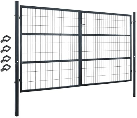 V2Aox Cancello da giardino 300 x 160 cm, doppia anta in metallo, porta da giardino per asta e recinzione, con serratura, include paletti, grigio
