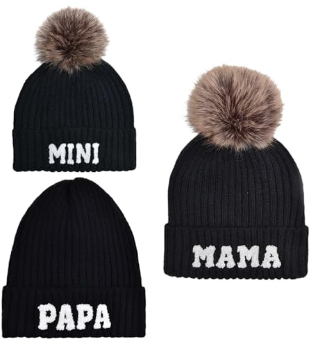 Kunyeah 3 pièces Bonnets assortis parent-enfant, bonnets d’hiver chauds avec pompon pour maman, papa, bébé, bonnets tricotés pour femmes et hommes, Noir , taille unique