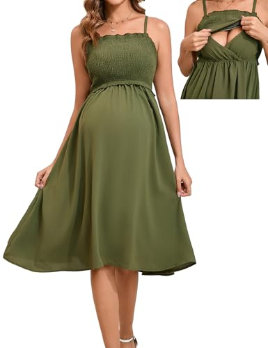 LYTHMER Women's Maternity Nursing Dress Smocked Midi Maxi Dress Adjustable Spaghetti Strap Square Neck Maternity Clothes Olive Green S