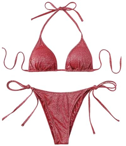 ORANDESIGNE Ensembles Maillots Deux Pièces Femme Bikini Set à Paillettes Bikini Réglable Triangle Sexy à Lacets Maillot de Bain 2 Pièces Bikini Taille Basse A Rouge S