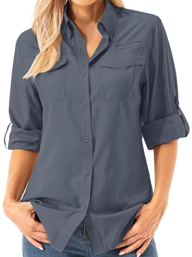Asfixiado Blusa de mujer con protección UV UPF 50+, ropa de safari, blusa de senderismo para mujer, de secado rápido, protección solar, de manga larga, gris, S