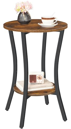 HOOBRO Round Side Table, 2 Tier Small Bedside Table, Round Sofa Side Table with Storage Shelf, Small Tables Coffee Table Hallway for Living Room, Sturdy, Rustic Brown and Black EBF180BZ01
