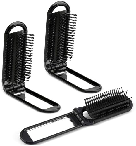 Faltbare Reise Haarbürstes, 3 Stück Klappbar Mini Haarbürstes, Reise Haarbürste mit Spiegel, Kompakte Schwarz Haarbürste für Haare