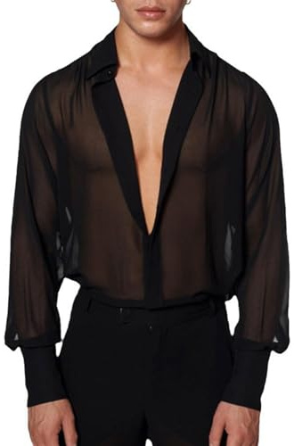 COOLOYA Men's Mesh Sheer See Through Long Sleeve Rave Disco Outfit Collar Button Front Party Shirt Tops Solid Black M