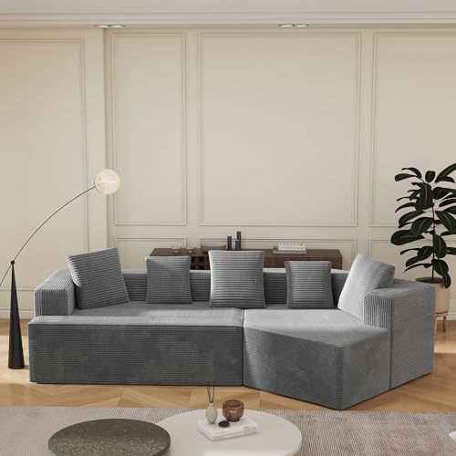 HAINEW Modern hörnsoffa, hörnsoffa, 3-sitsigt moln, kombinationssoffa, soffa, stoppad soffa, stoppade möbler, helkomprimerad, benlös soffa för vardagsrum, lägenhet, kontor, utan montering (grå)